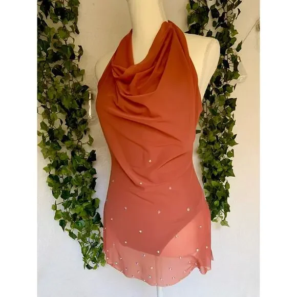 Balera Dance Orange Sheer Mini Dress with Underneath Leotard Women's SZ Small - Picture 2 of 11